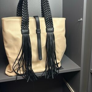 LIONEL Beige & Black Fringe Faux Leather Tote Satchel Handbag, 13.5" x 14.5"